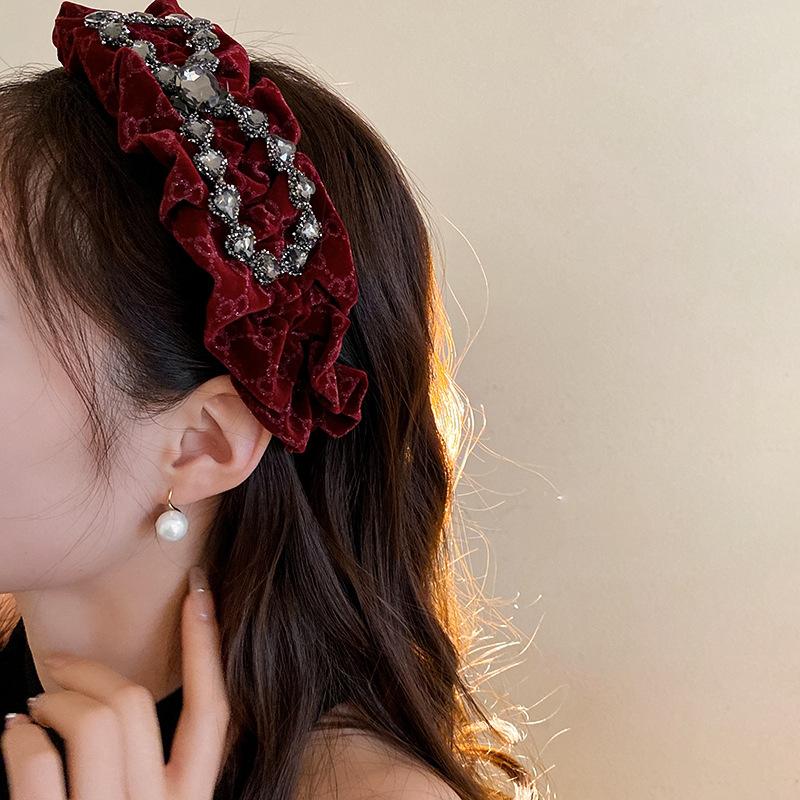 Vintage Velvet Diamond Folded Bow Headband Sweet Headband Internet Celebrity Personality Hair Accessories Women
