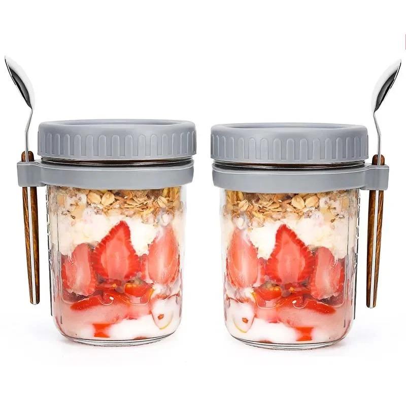 Tazza da avena notturna da 350 ml in vetro con coperchio e cucchiaio, guarnizione per alimenti, tazza per la colazione, portatile, per cereali, latte, insalata, yogurt, articolo da cucina