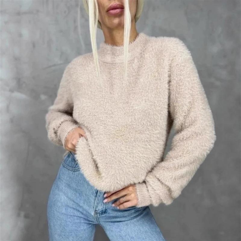 Autumn and winter new lazy wind round neck imitation mink long-sleeved pullover sweater women's loose thickened solid color soft waxy knitted sweater
