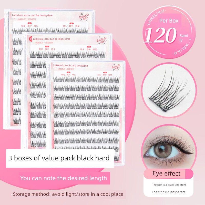 Glue-Free Fishtail Artificial Plain Self-Adhesive Fake Eyelashes [3 Boxes] Value Pack [Glue-Free Black Stems] 10mm