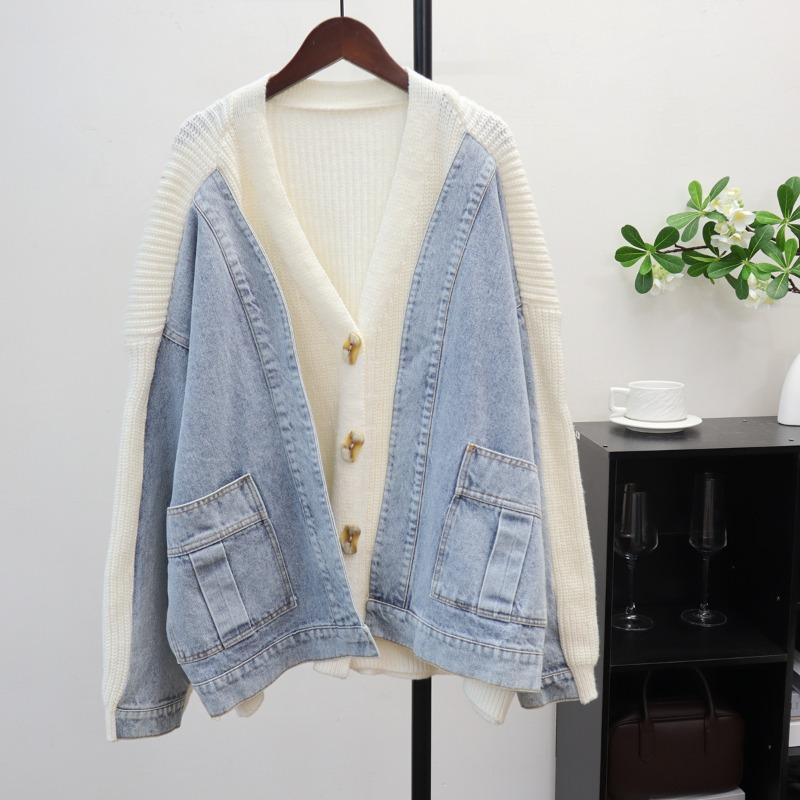 Fake Two-piece Splicing Denim Knitted Cardigan Autumn and Winter New Loose Design Sweater Jacket Women