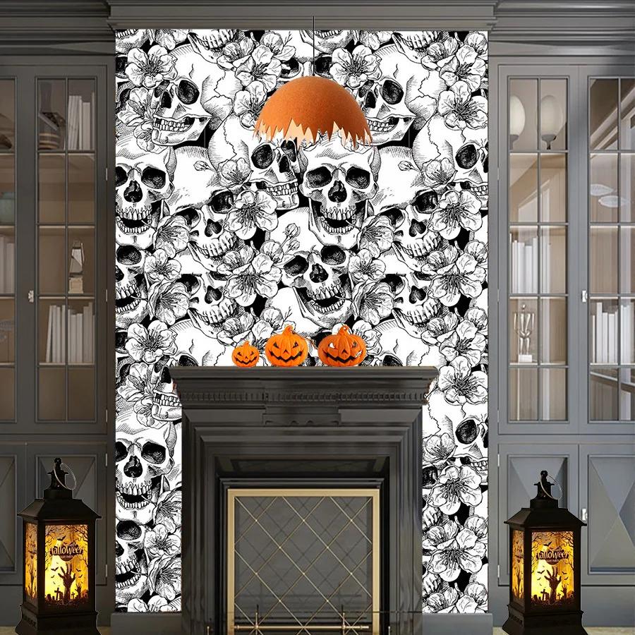 Halloween White Skull Self-adhesive Wallpaper PVC Holiday Party Home Decoration Building Materials Background Wall Wallpaper