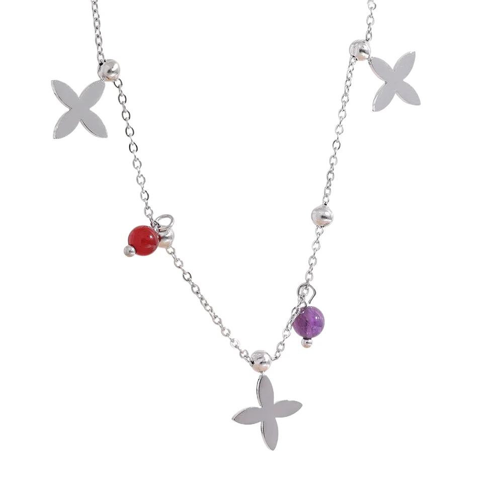 

Yhpup Colorful Waterproof Natural Stone Flower Drop Stainless Steel Chain Aesthetic Necklace Fashion Collar Jewelry for Women