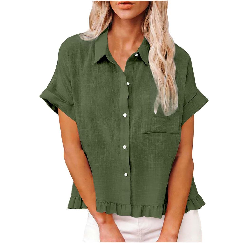 Women's Fashionable Loose-Fit Casual Shirt Button-Up Short-Sleeve Cotton-Linen Blend Top