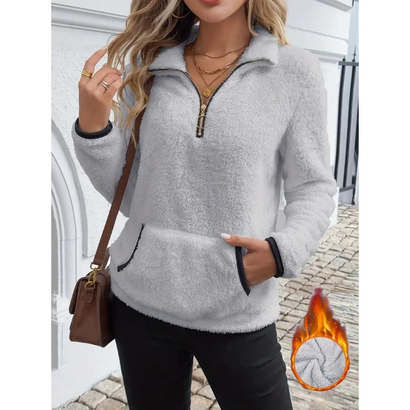 

Женское плюшевое худи с полумолнией, повседневный пуловер с длинными рукавами и передней молнией, уютная толстовка для зимы, домашняя одежда однотонной расцветки M серый