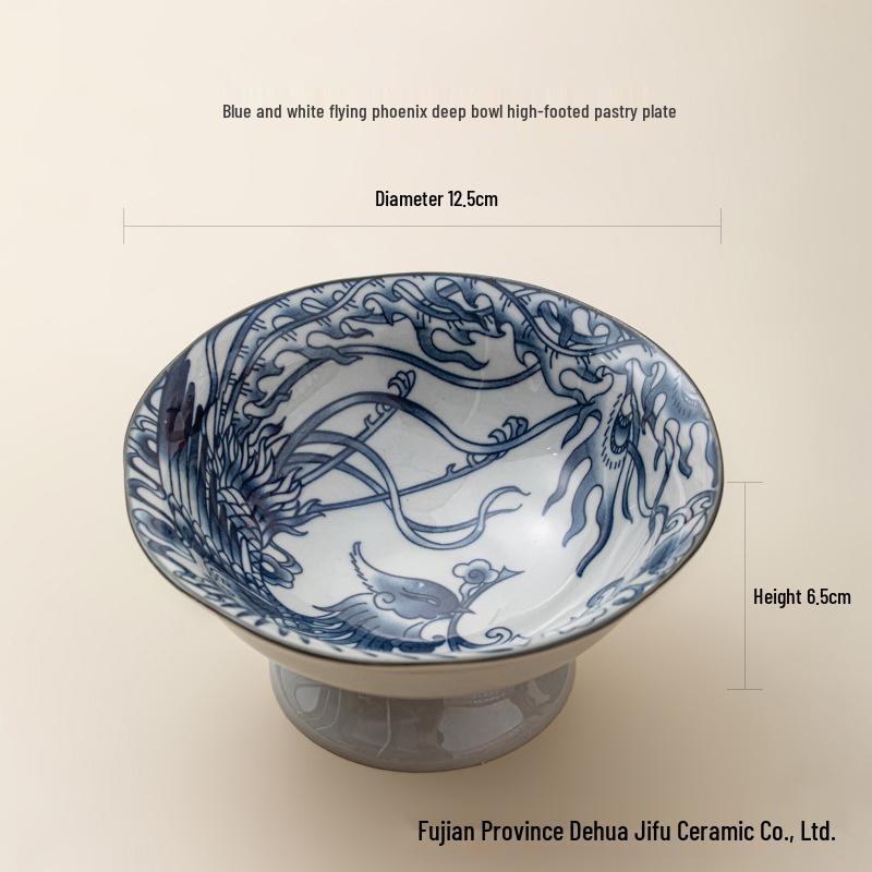 Blue & White Porcelain High-Footed Snack Plate for Desserts & Fruits