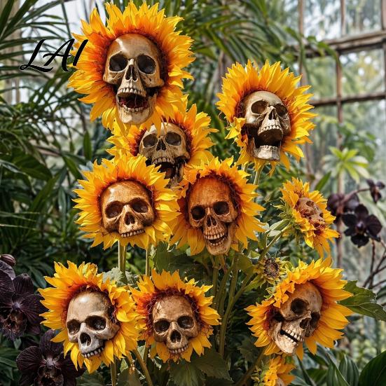 Halloween Topfpflanze Sonnenblume Totenkopf Schmuck Thema Gartendekoration Skelett Schmuck Wasserdicht Außen Dekoration für Rasen Terrasse Hof Gruselig
