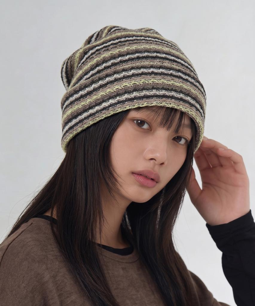Eondeokeonteulolseutyudio Breathable Mesh Stripe Pattern Summer Casual Women'S Long Beanie Square Net Beanie / Stripe / Lemon Brown
