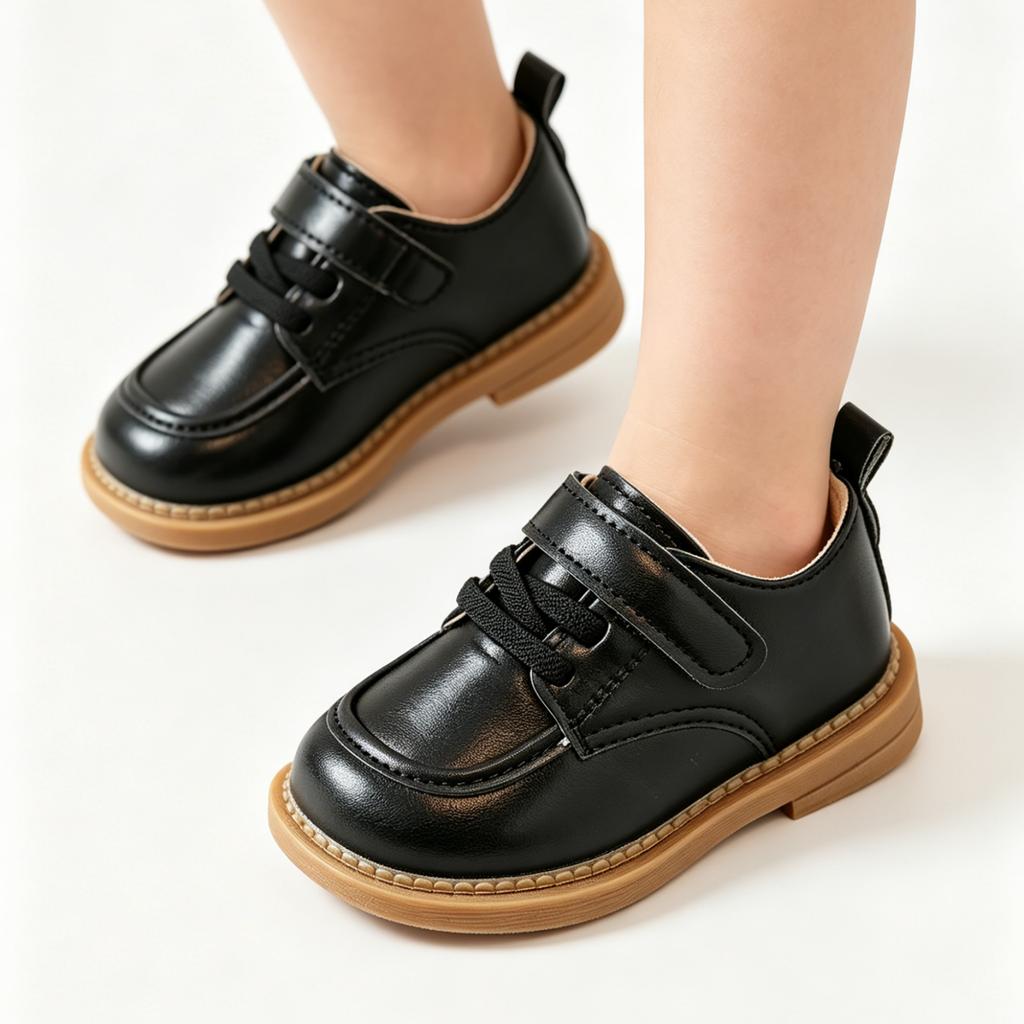 Klassische Leder Oxford Schuhe für Kinder zum Hineinschlüpfen, lässige Anzugschuhe mit verstellbarem Riemen und robuster Sohle für Kleinkinder und Kinder
