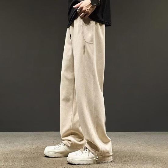 Men Fall Winter Pants Drawstring Elastic Waist Loose Thick Plush Pockets Wide Leg Straight Soft Men Casual Long Sports Trousers Sweatpants