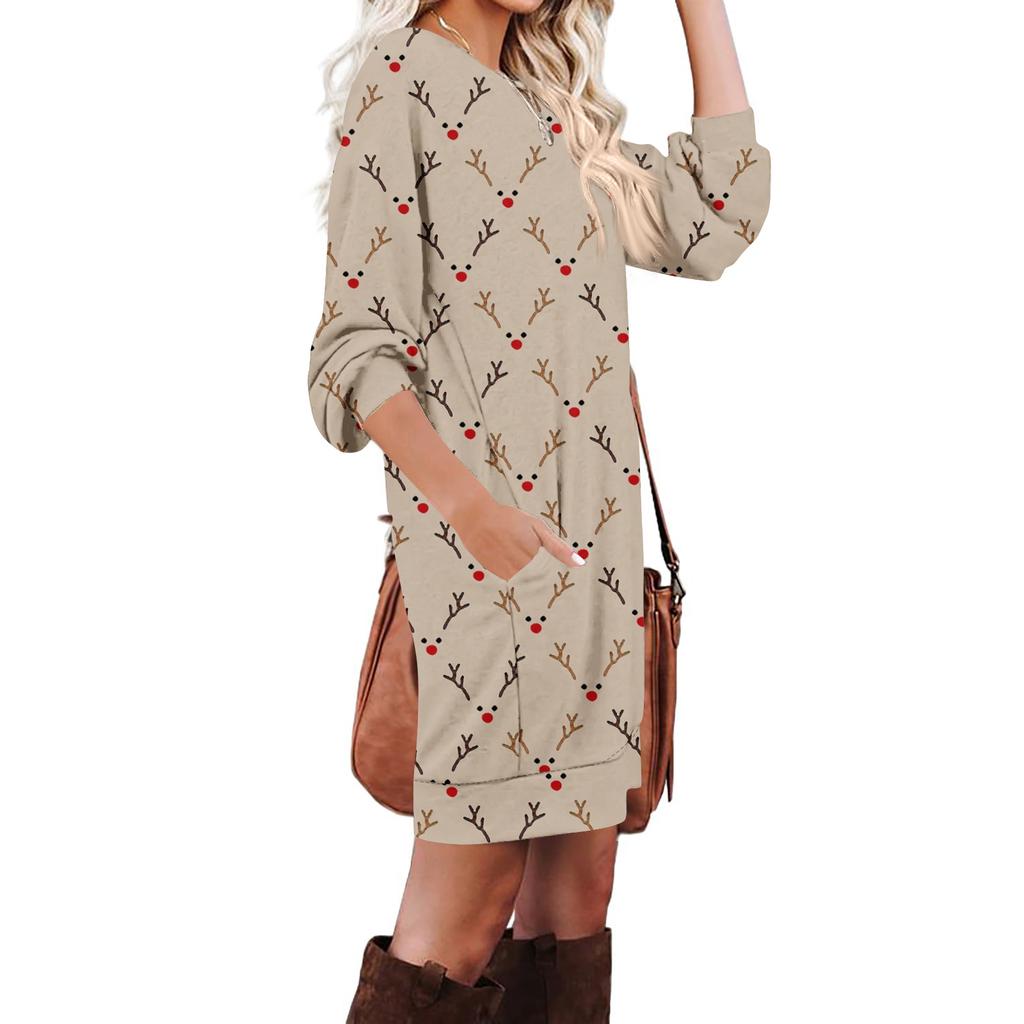 Women's Retro Printed Fashionable Long-sleeved Round-neck Pocket Dress