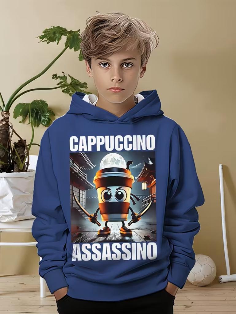 Felpe Divertenti Cappuccino Assassino Ragazzi Ragazze Felpa Divertente Stampa Italian Brainrot Manica Lunga Felpe con Cappuccio Bambini Felpe Umoristiche