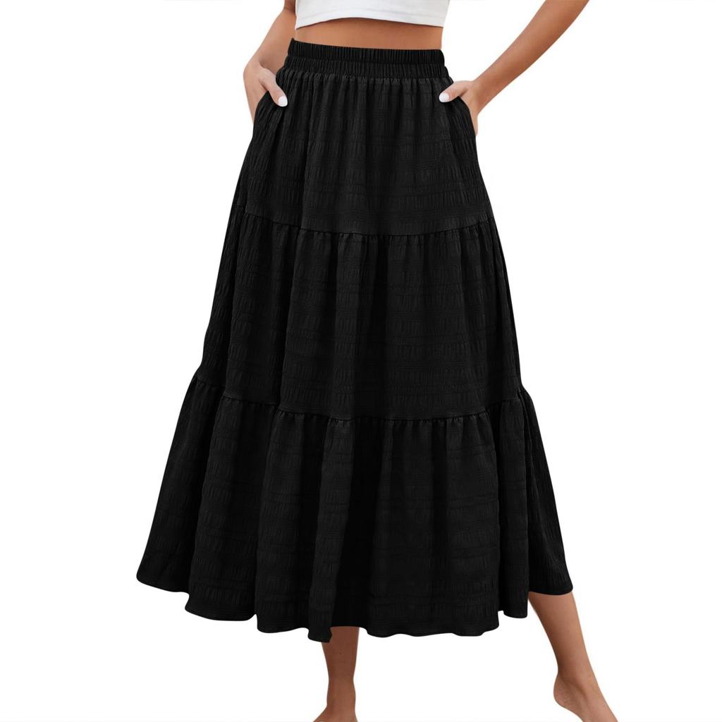 Women's Fashion Summer Bohemian Solid Color Elastic Waist A-line Pocket Half Length Skirt