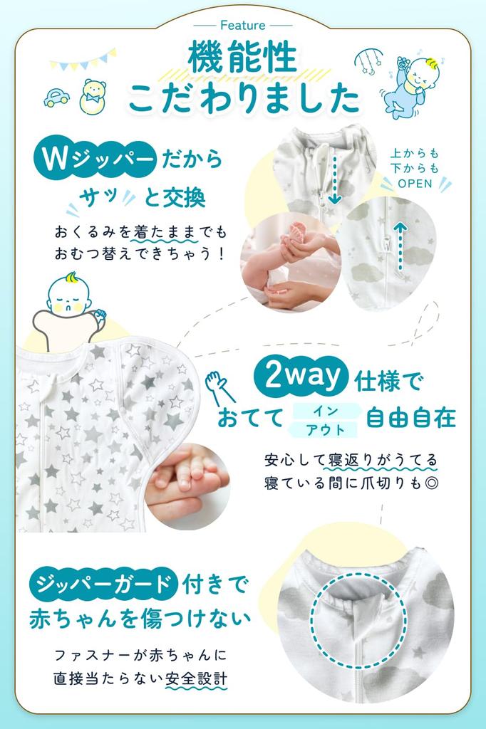 By a Natural Cotton Angel Comfortable Swaddle for Newborns and Up Zipper for Easy Diaper with YOZORA Size S Newborn To 3 [PICO Ange] [Recommended