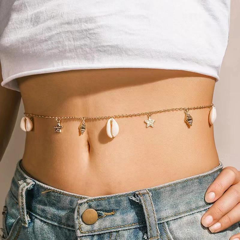 Bohemian Starfish Conch Shell Waist Chain for Women Fashion Imitation Pearl Personality Beach Belly Chain Body Jewelry Gifts