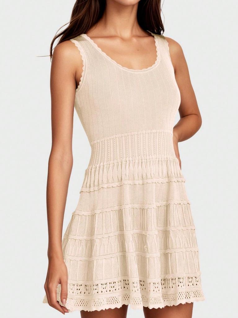 Women's Summer Tank Mini Dress Crew Neck Crochet Hem Flowy Knit Dress