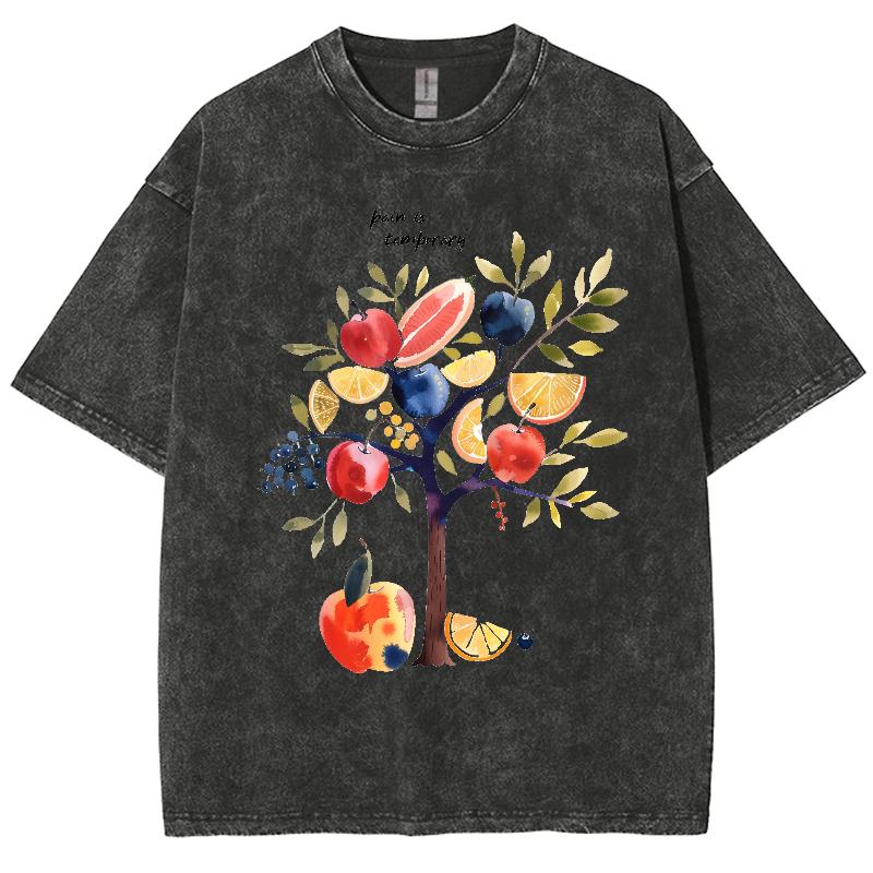 

Летняя женская футболка в американском винтажном стиле, свободная, выстиранная, с принтом фруктового дерева, повседневная, простая, уличный наряд, мужская S