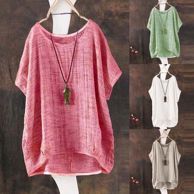 Summer Plain Loose T-Shirt Round Neck Cotton Blend Blouse Plus Size Baggy Tops Tee Shirts EMA