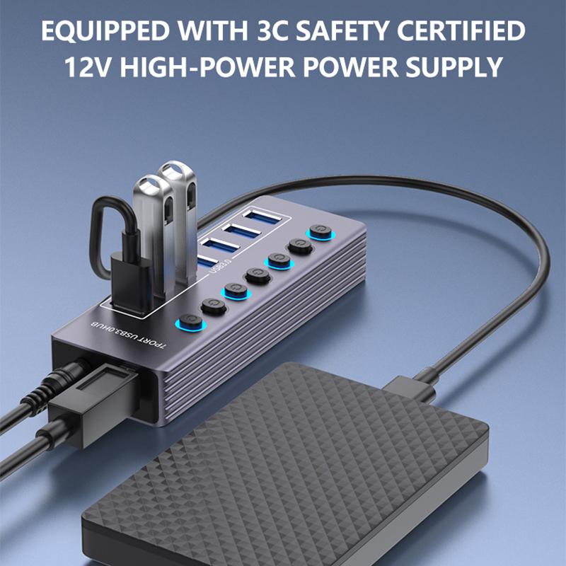 

U307 High Speed USB 3.0 Hub 5Gbps Data Transfer Aluminum Alloy 7-Port Splitter As Shown A