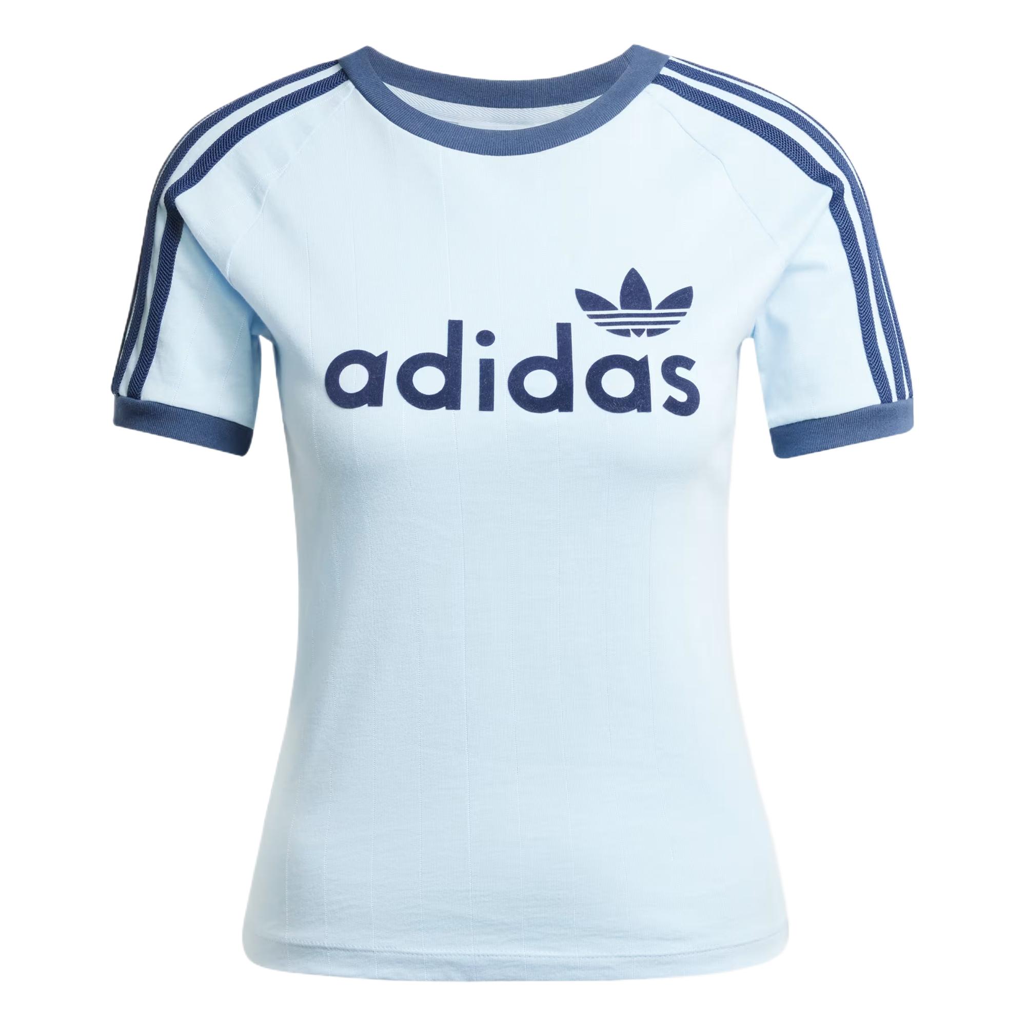 

Женская футболка Adidas, приятная к коже, дышащая, мягкая, удобная, в полоску, с рукавами реглан, топы, небесно-голубая, JC7704 S