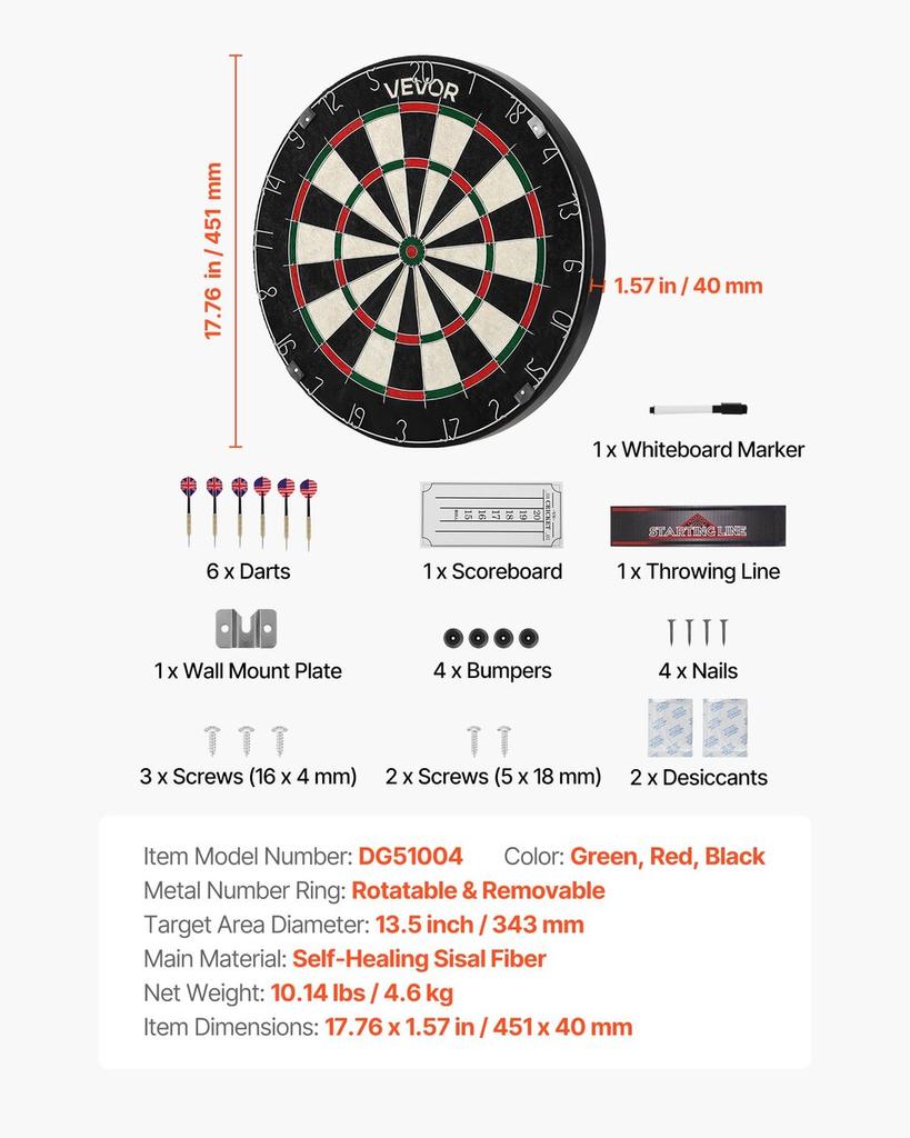 Dartboard with 6 Darts & Scoring Kit, Self-Healing Sisal Fibers Dartboard with Staple-Free Bullseye & Rotating Number Ring, 451mm Professional Steel