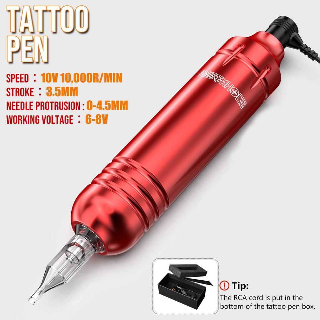 Wormhole Tattoo Kit Tatoveringspistolsett Tatoveringsmaskinsett Nybegynner tatoveringspistol 20 farger blekk strømforsyning tatoveringspennsett Rød