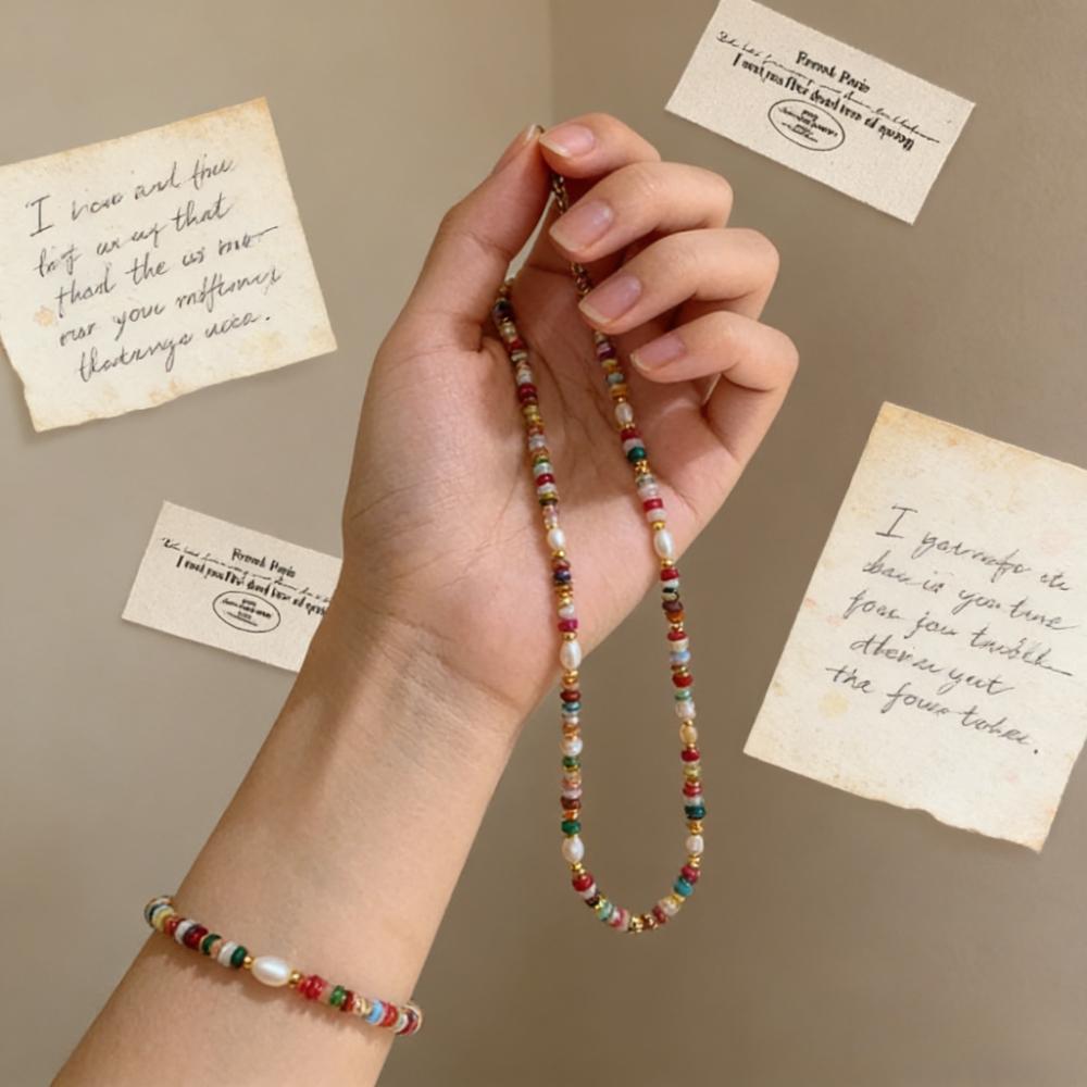 Exquisite Elegance Fashion Colorful Beads Natural Freshwater Pearl Clavicle Chain Necklace Retro Gold Jewelry Gifts for Women