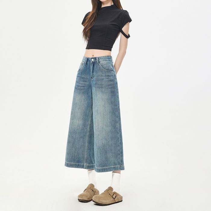 Fashion Pear Shaped Figure Friendly Ice Crack Loose Wide Leg Straight Cropped Capri Denim Pants For Women Trendy Versatile Slimming Hip Cover Design