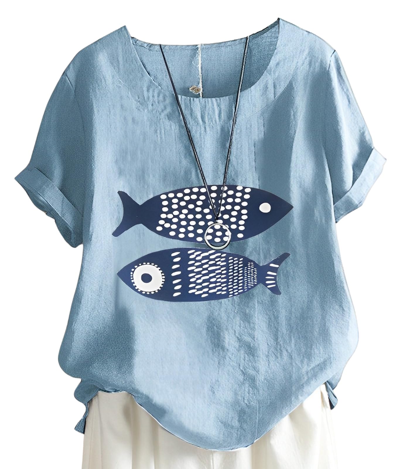 

Second Roots Fish Print Summer Loose Fish Short Loose Summer Perfect for Coordinating with Other Size Blouse, Women s T-Shirt, Fit, Oversized, Design, синий