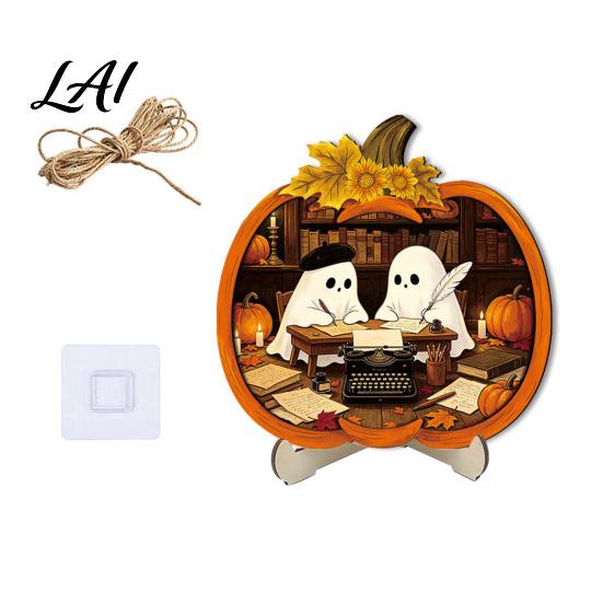 Cool Patterned Ornaments Halloween Door Sign Glowing Ghost Hanging Decor Wooden LED Window Reusable Party Supplies Ornament for Party Spooky