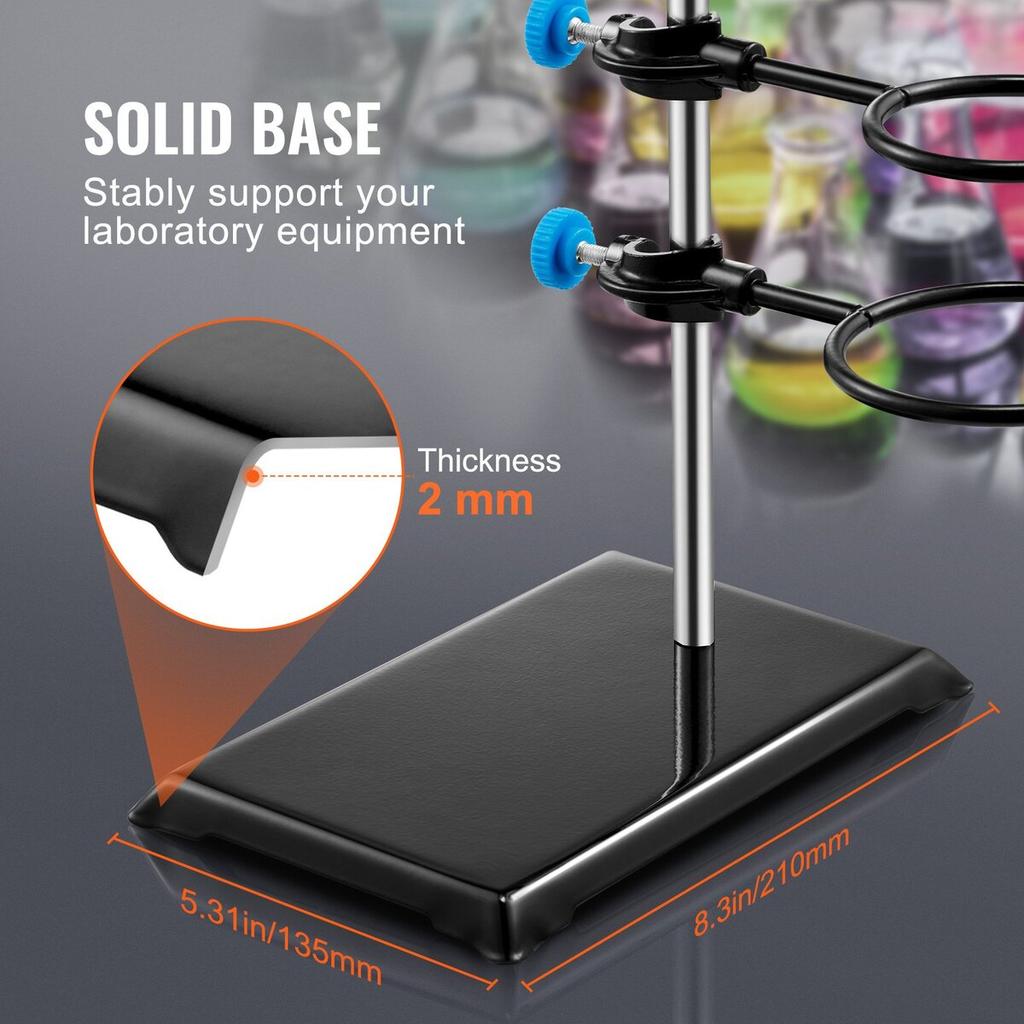 Lab Stand Support, Laboratory Retort Support Stand Set, Steel Lab Stand 23.6" Rod and 8.3" x 5.3" Cast Iron Base, Includes Flask Clamps, a Burette