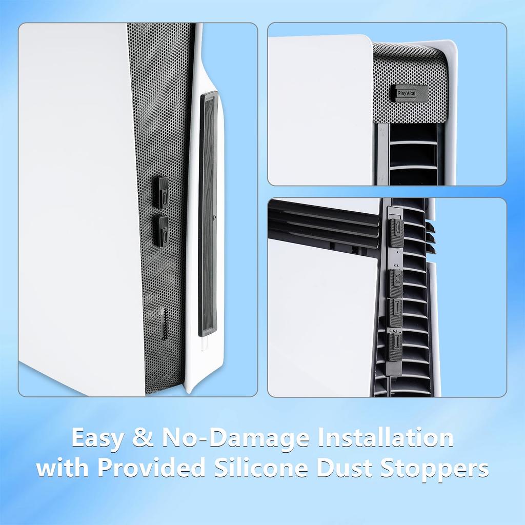 PlayVital PS5 Pro Dust Filter Silicone Plug Dustproof Accessory Port Easy Black & Set, (Includes Cover), Installation,