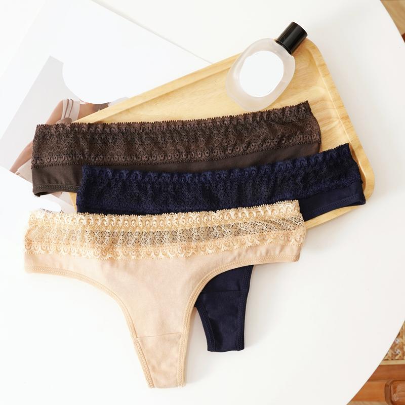 CINOON Tanga de Algodón Sexy para Mujer de Cintura Baja con Ribete de Encaje, Tipo G, Braguitas Suaves, Transpirables y de Ajuste Ceñido