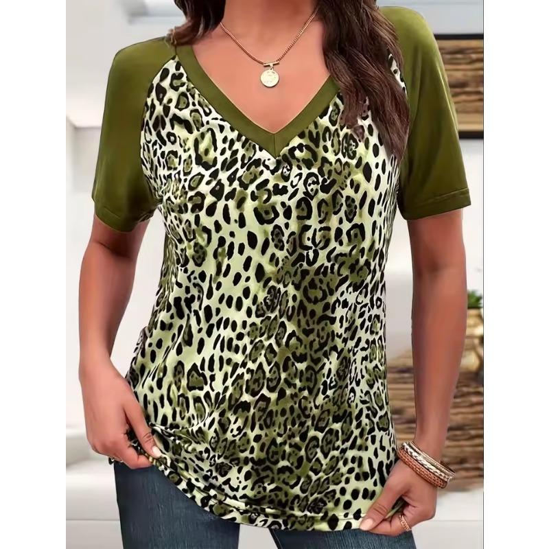 

Женская футболка с V-образным вырезом и коротким рукавом большого размера, пуловер, повседневный леопардовый узор с 3D-принтом, летний лучший выбор XS