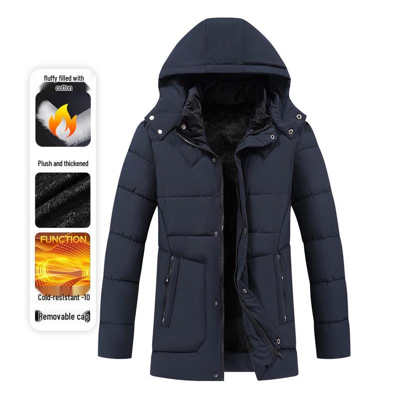 Men s European Size Hooded Fleece-Lined Cotton Jacket - Mid-Length Winter 2025 Style XL