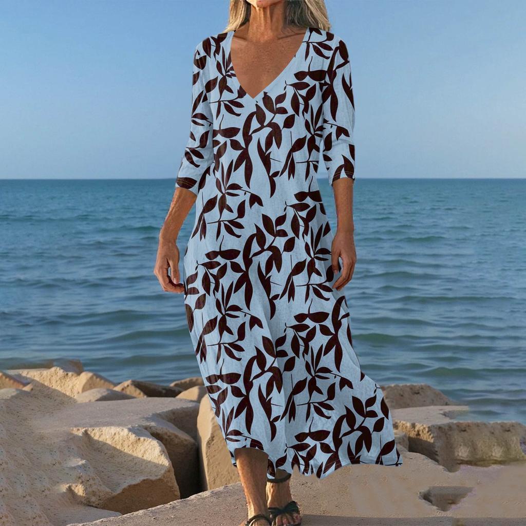 Sukienki Damskie Sukienka Midi z Tuniką w Stylu Vintage z Nadrukiem, z Wcięciem w Talii, Letnia Codzienna Sukienka z Rękawem 3/4