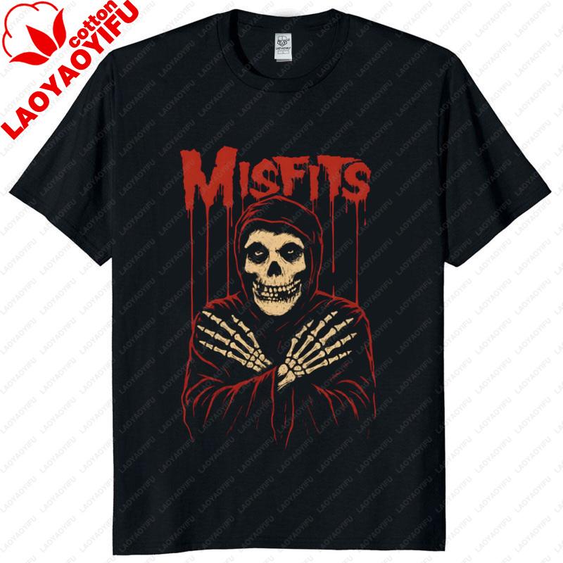 Unisex Vintage Punk Tee Misfits Style Distressed Skull Graphic Classic Streetwear Top Daily Wear