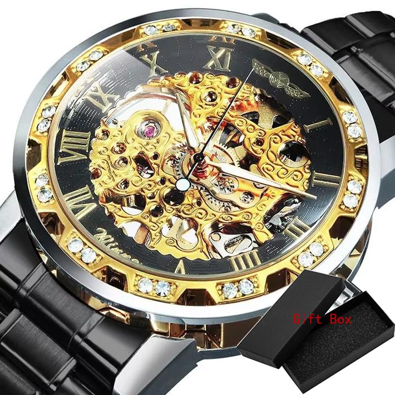 Winner Casual Mechanical Watches For Men Golden Roman Fashion Stainless Steel Belt Mesh Strap Wristwatch Clock Relogio Masculino