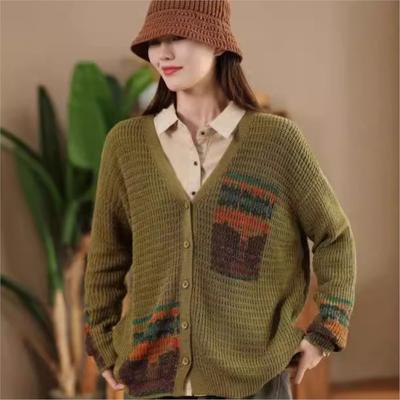Woman Autumn Niche Vintage Single Breasted V-Neck Coat Fashion Chinese Style Casual Personality Retro Sweater