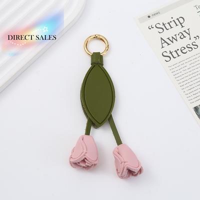 Cute Hanger Tulip Leather Pendant DIY Cartoon Flower Pu Keychain Creative Fashion Bag Charm Car Keyring