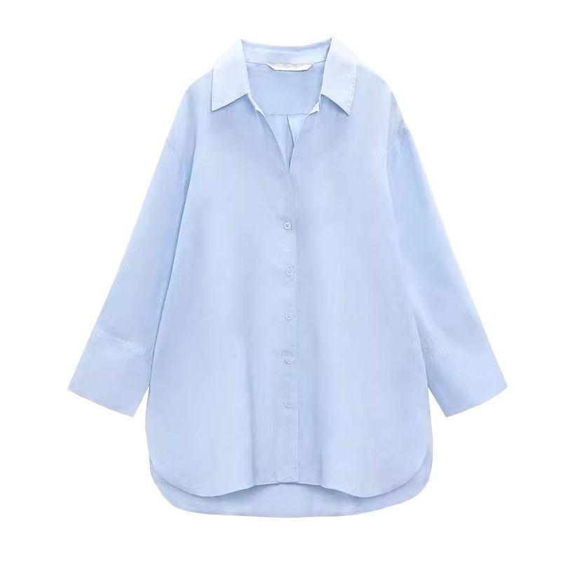 

Women s Spring Clothing French Style Design Lapel Asymmetric Hem Linen Blended Shirt 4786126 Light Blue L