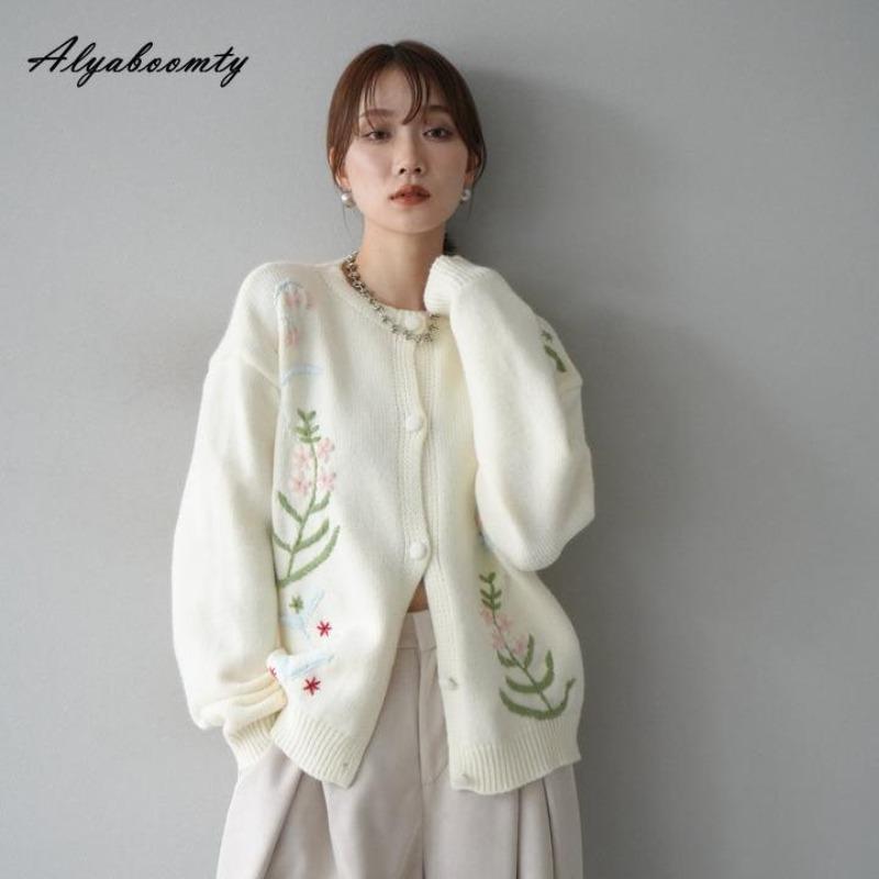 Moda Coreana Outono Inverno Cardigan Tricotado Feminino Bege Cinza Verde Bordado Floral Suéter Tricot Elegante Vintage Quente Agasalho