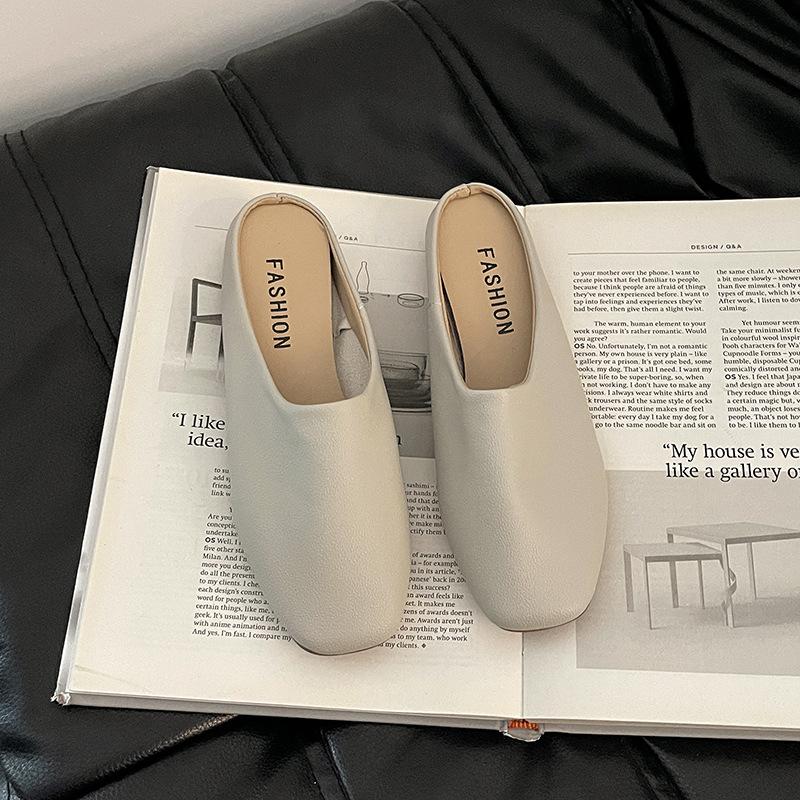 Fashion Comemore Retro Square Head Baotou Half Slippers Female Spring Summer Outside Wear Soft Leather Casual Solid Flat Mules Slides