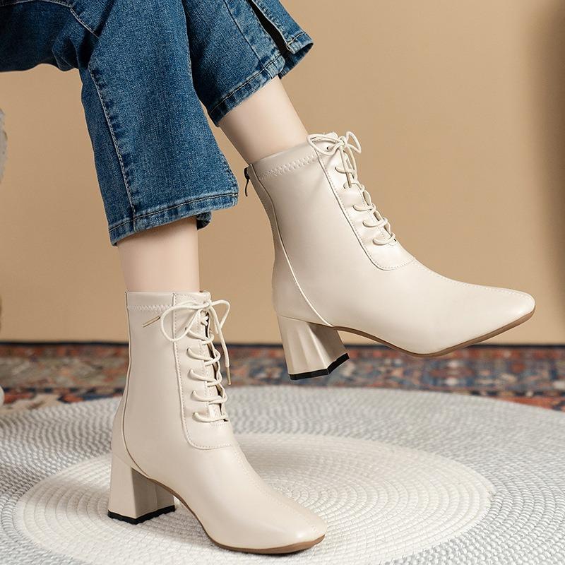 Large size square heel Martin boots women's new autumn and winter zipper lace-up short boots low tube high heel thin boots