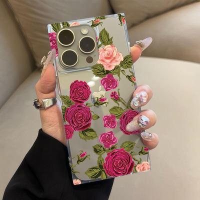 Square Back Tube Protection Clear Case For iPhone 11 13 16 ProMax 15 Plus 14 Pro Max 12 Anti-Oxygen,Full Screen Rose Pattern Casing