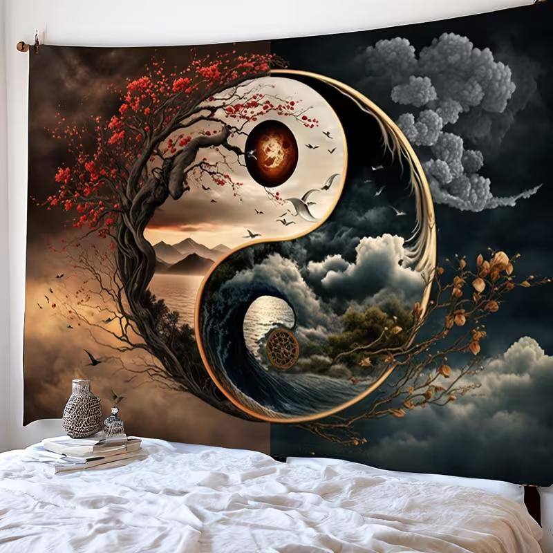 

2D Boho Yin Yang Tapestry, Sunrise & Sunset Scenery Meditation Room Wall Hanging 47.2x31.5inch/120*80cm