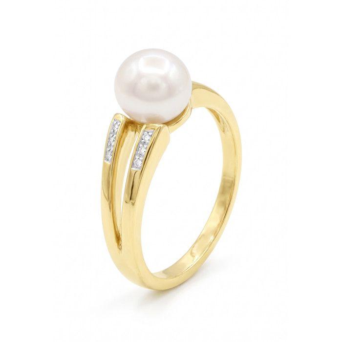 Bague - Pearls & Colors - Perle de Culture d'Eau Douce 8-9 mm Ronde - Perle Blanche - Or Jaune 375/1000 - Diamant - Femme