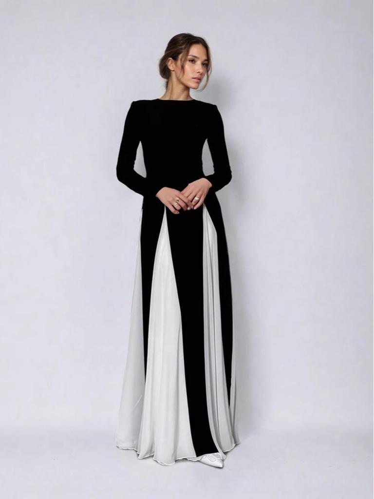 2024 Autumn/Winter Women's Retro High Waist Evening Dress - European & American Style, Color Block, Long Sleeve, Round Neck, Slimming Temperament.