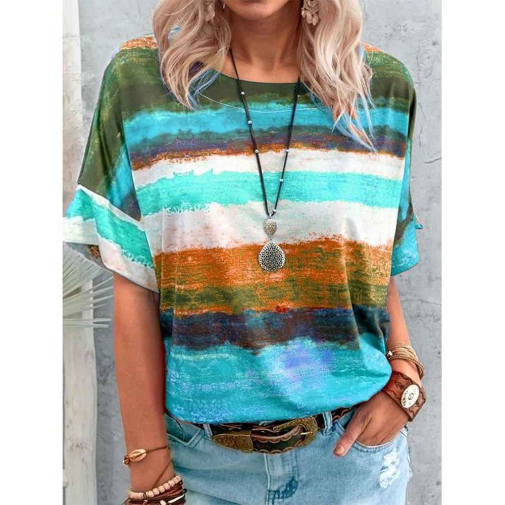 Women's Fashionable Casual Summer Spring Striped Printed Short Sleeved Round Neck T-shirt and Top