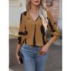 Women Black White Abstract Print V Neck Roll Tab Long Sleeve Casual Blouse